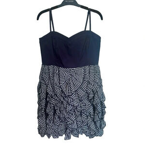H&M Navy Blue Striped Empire Waist Sleeveless Strap Ruffle Geo Mini Dress Sz  12